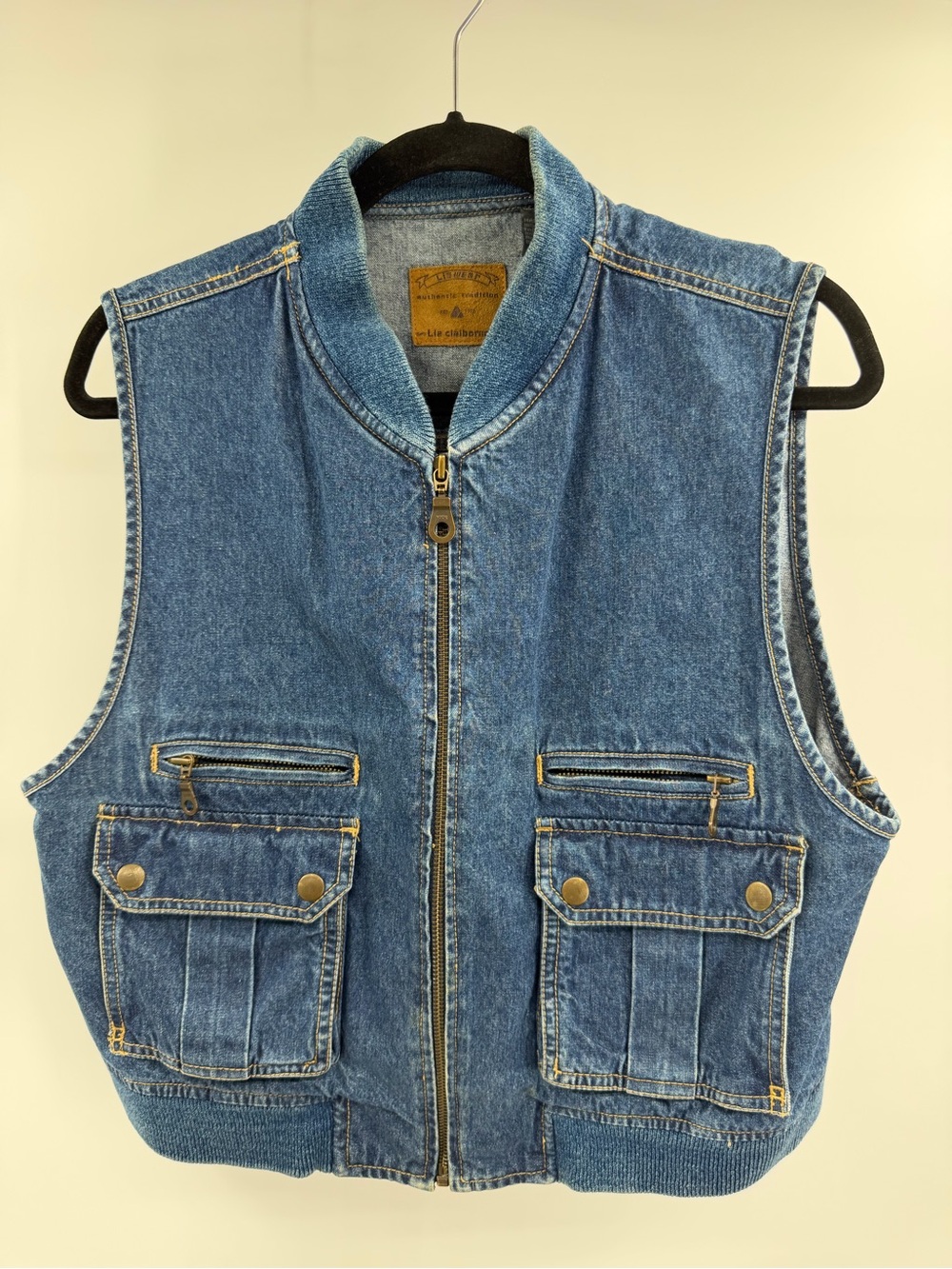 Lizwear Vintage‎ Full Zip Cargo Pockets Jean Vest Size Large 100% Cotton Western